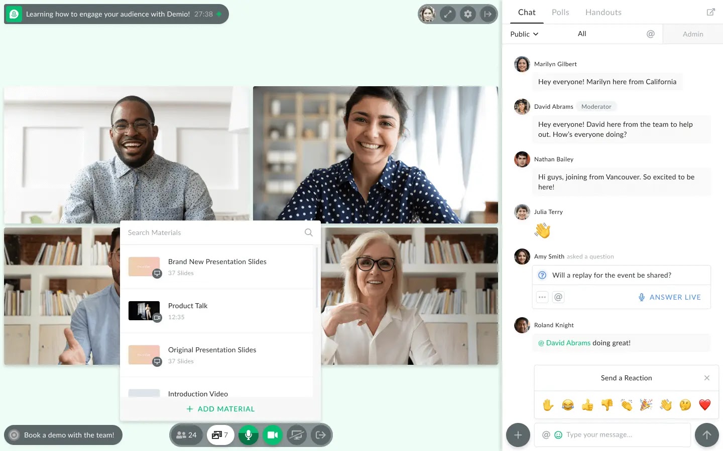 A screenshot of a Demio webinar featuring smiling attendees and a snapshot of features like live chat