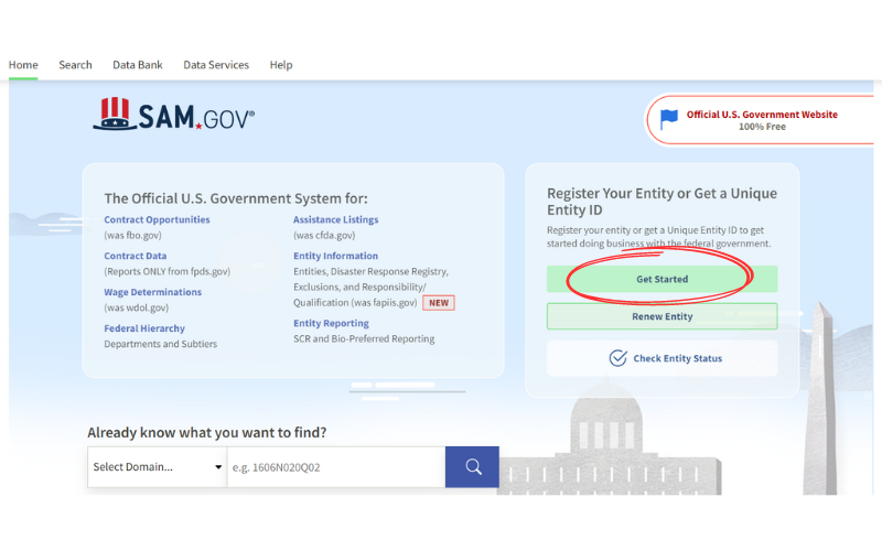 Screenshot of the SAM.GOV Registration Home Page with the "Get Started" Button Circled in red