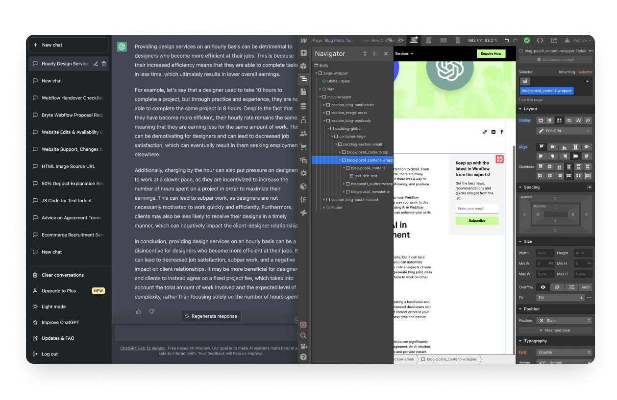 A desktop screenshot with Chat GPT and Webflow open