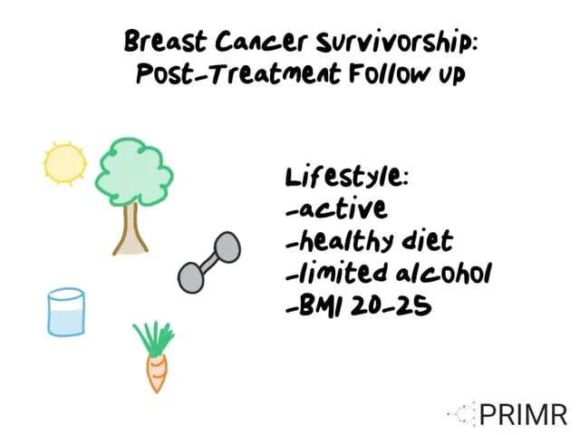 This shows a graphic for a video discussing Life After Breast Cancer Survivorship and Follow-up