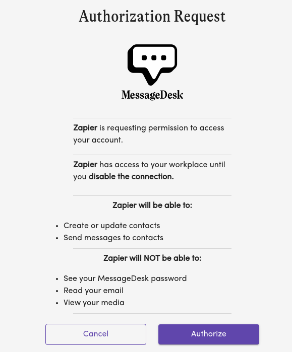 messagedesk zapier authorization