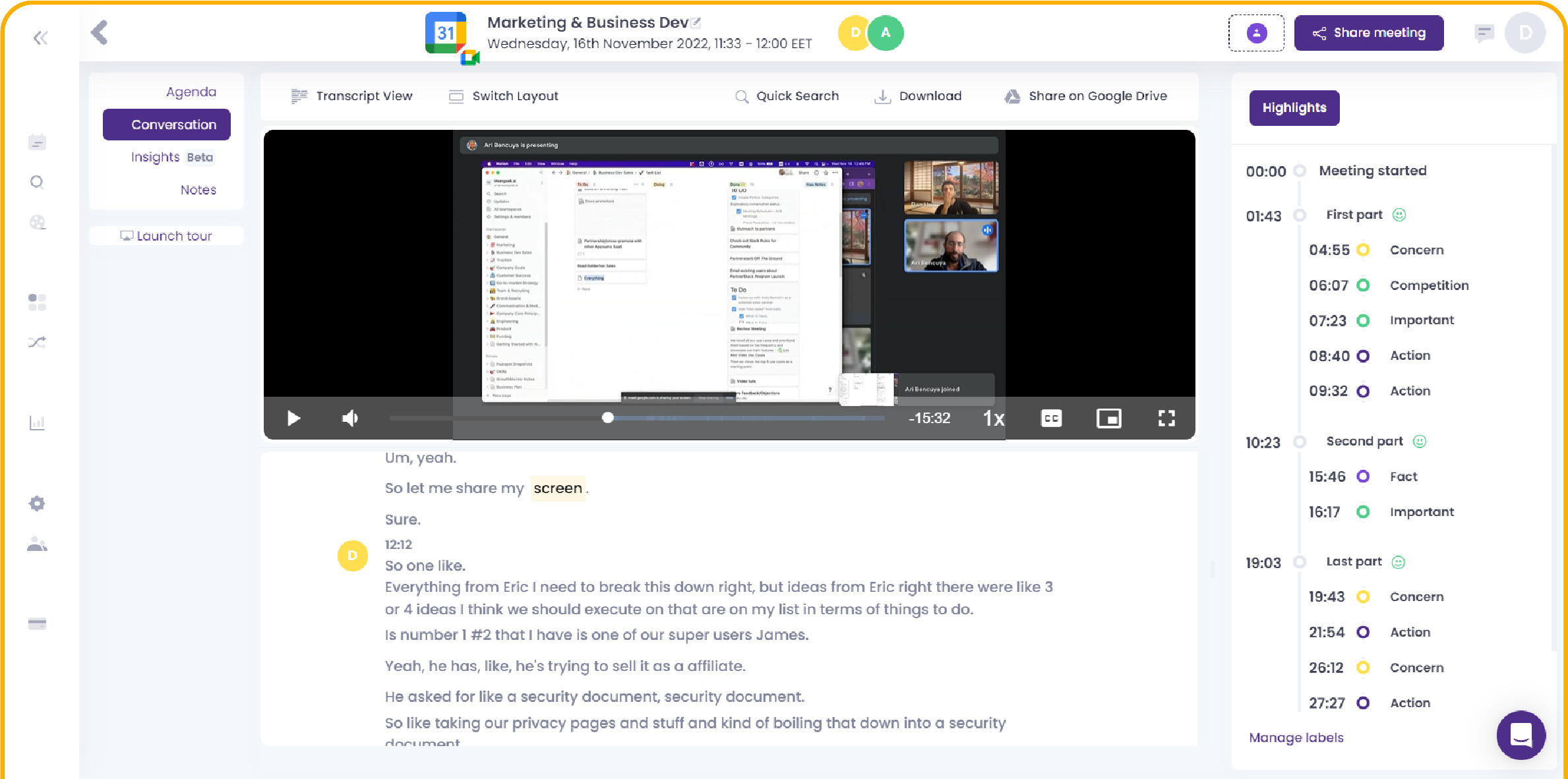 MeetGeek screenshot of transcribed google meet meeting