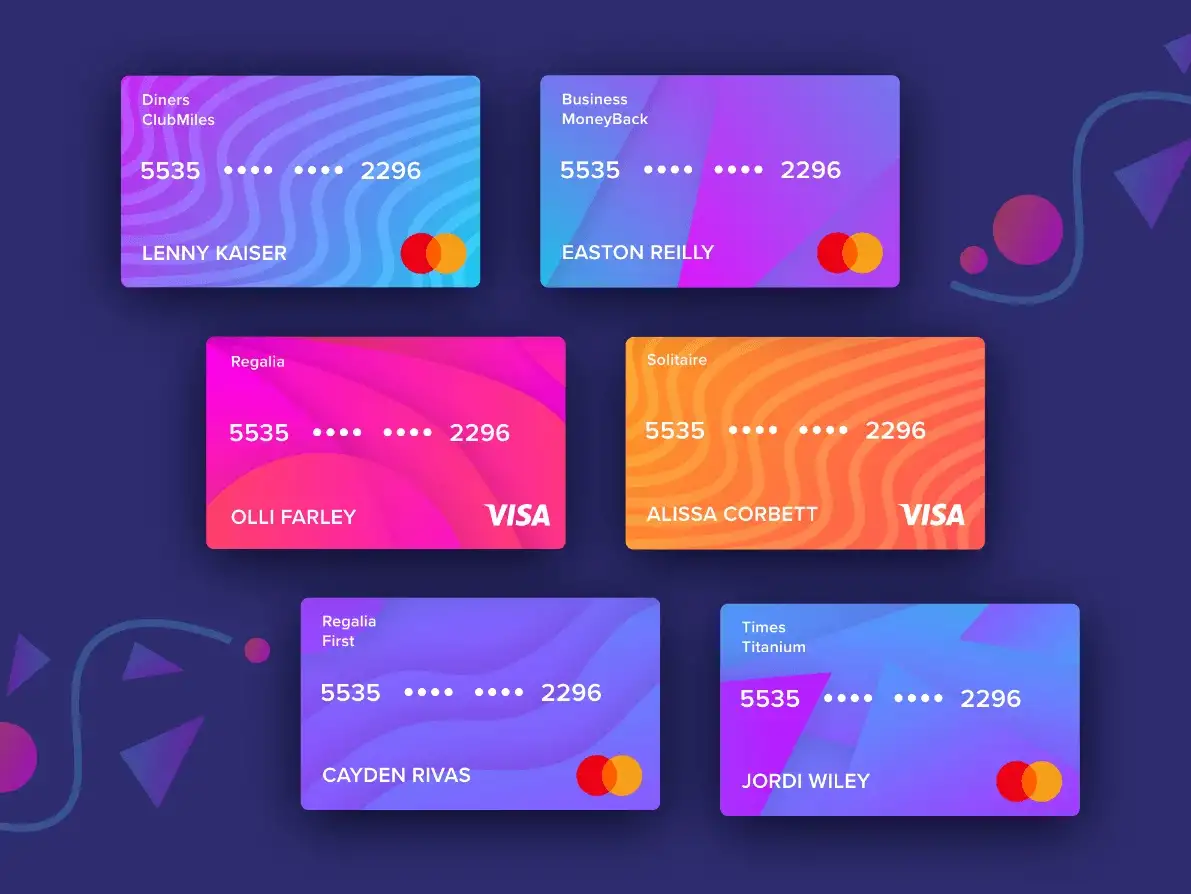 A bunch of MasterCard and Visa credit card examples in purple, pink, and orange.