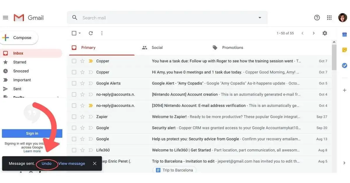 Default Gmail inbox layout and a red arrow showing the undo option for sent messages.
