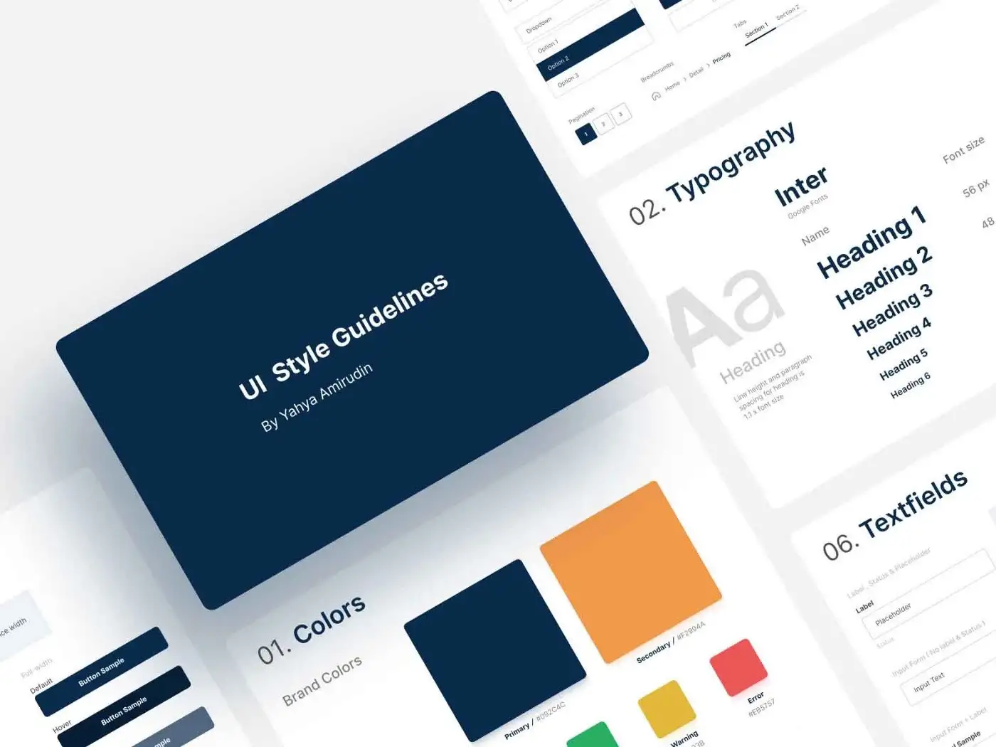 UI Style Guidelines by Yahya Amirudin, which includes detailed pages on brand colors, typography, and textfields.