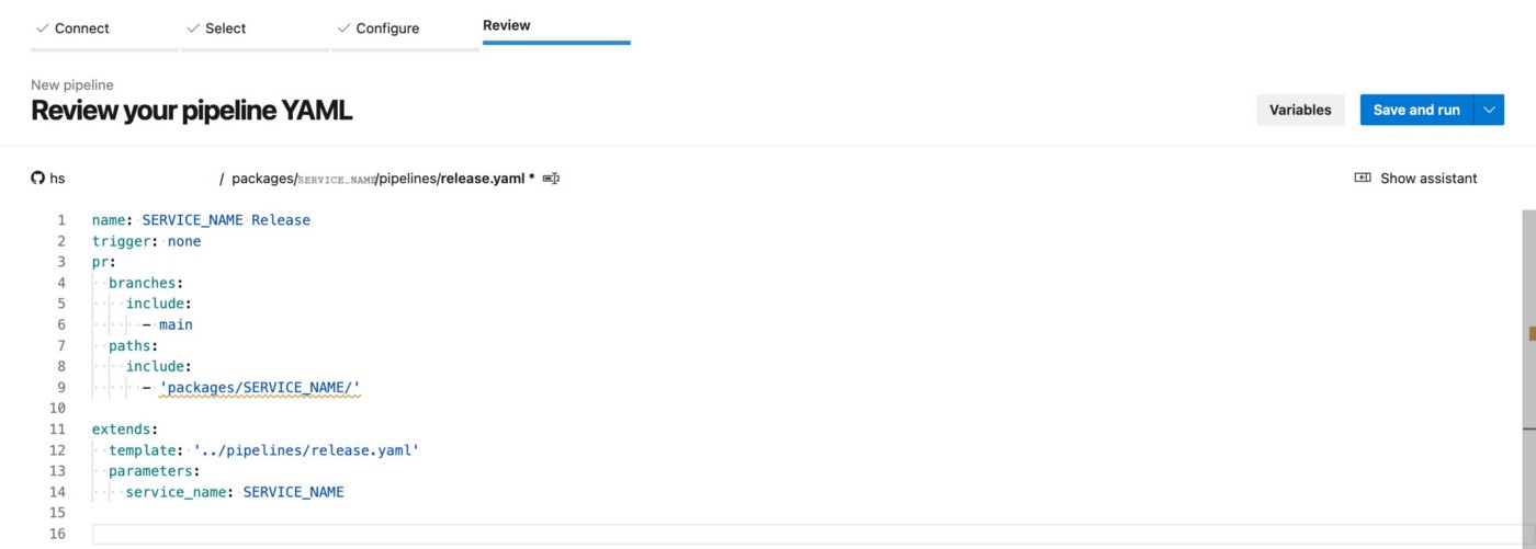 Reviewing your pipeline YAML under the Review section of the Pipelines tab in Azure DevOps, and the “Save and Run” button.