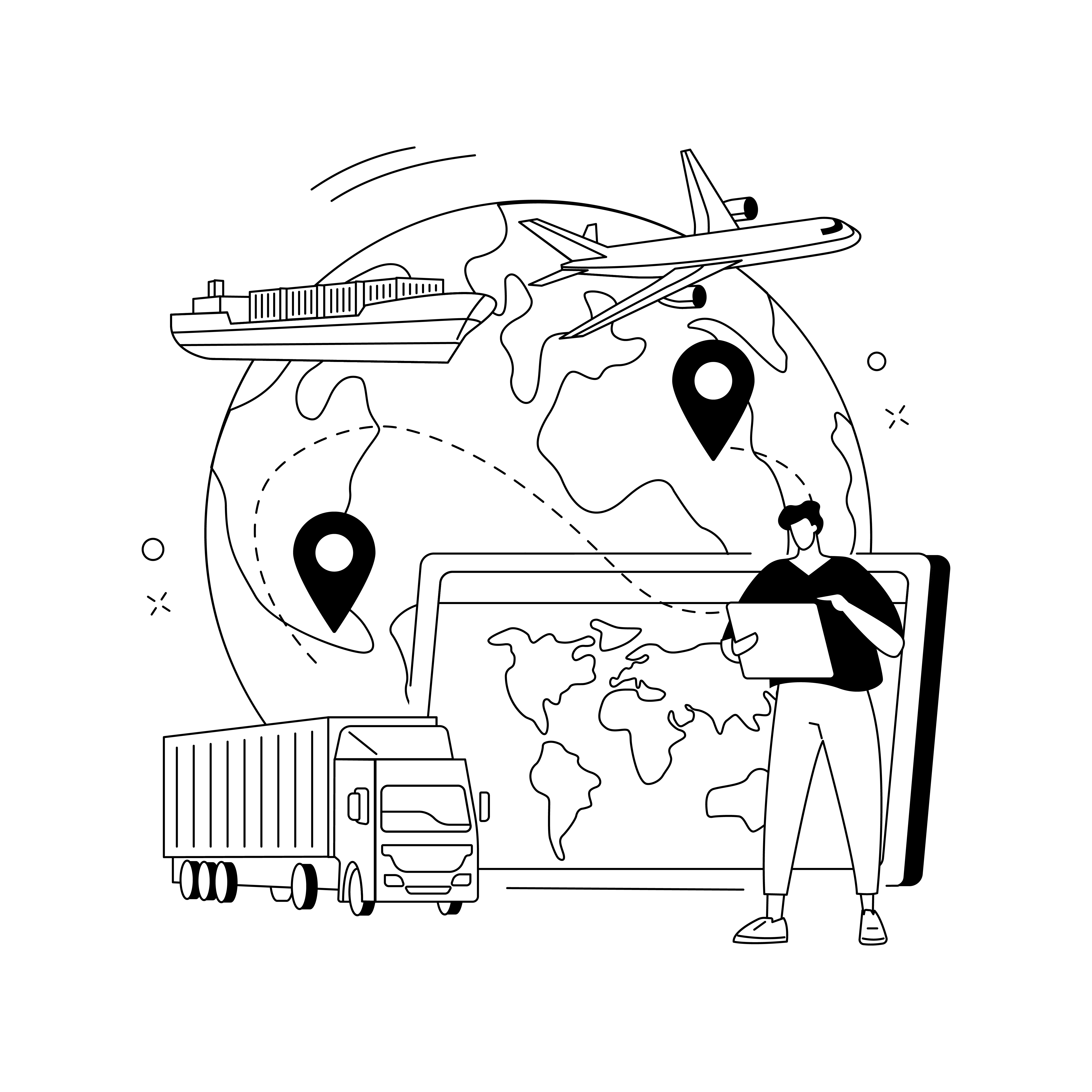 A vector illustration of a global transportation system, featuring various modes of transport including a ship, plane, and truck, with interconnected lines and arrows symbolizing the movement and coordination of goods and cargo