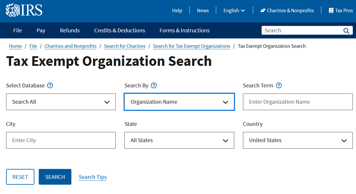 Search interface for the IRS Tax Exempt Organization database