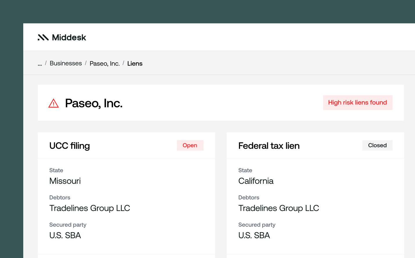 A Middesk screen showing a view of a business's active liens.