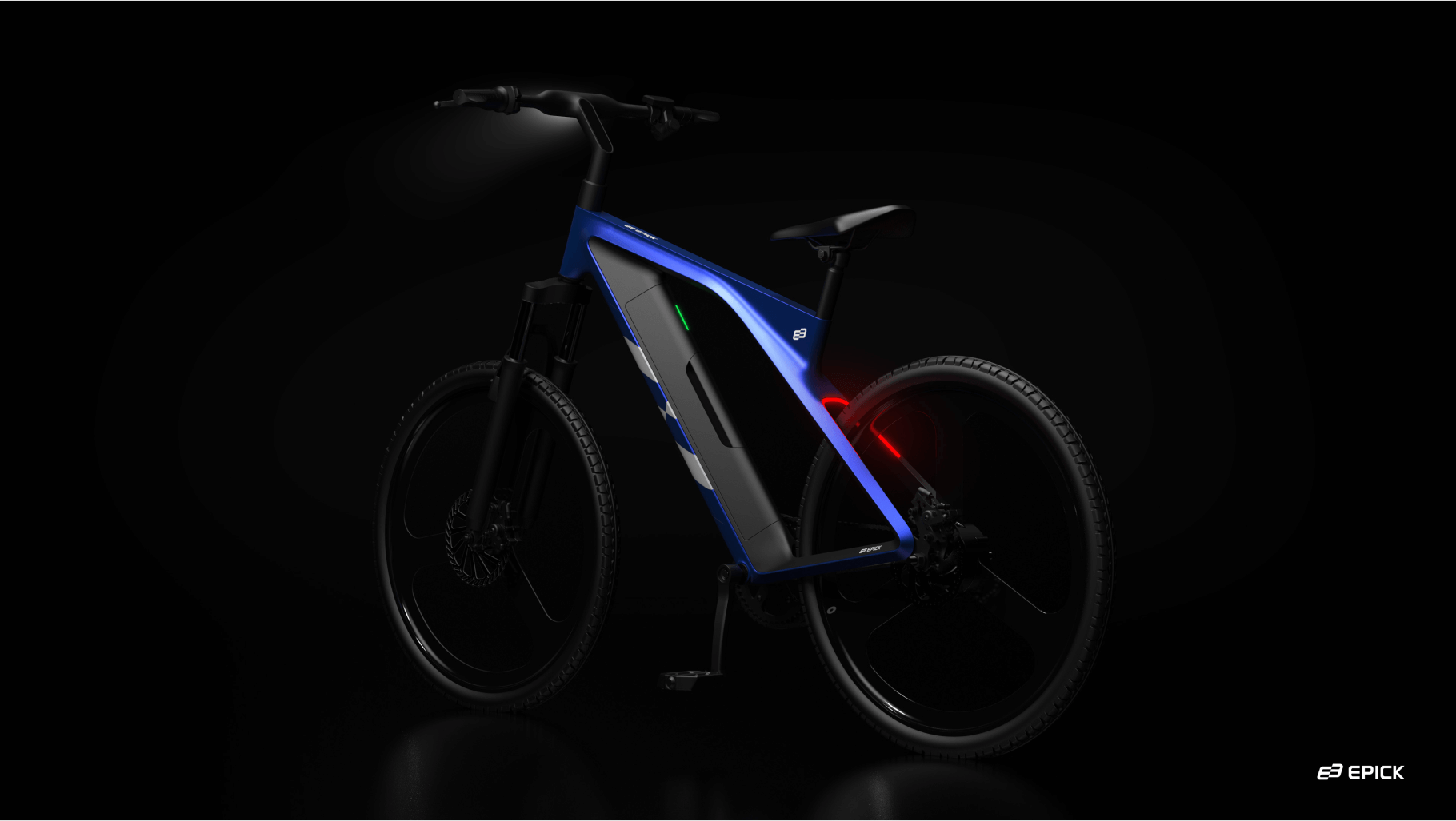 An electric bicycle from EPICK illuminated by ambient lights highlighting its blue and black frame with red safety lights, set against a dark background