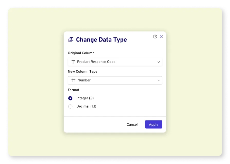 Frame of Change Data Type modal within Gigasheet UI