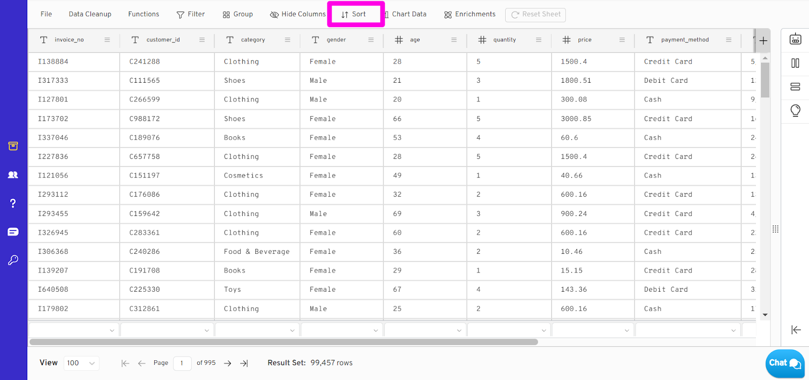 Categorize data using sorting in Gigasheet