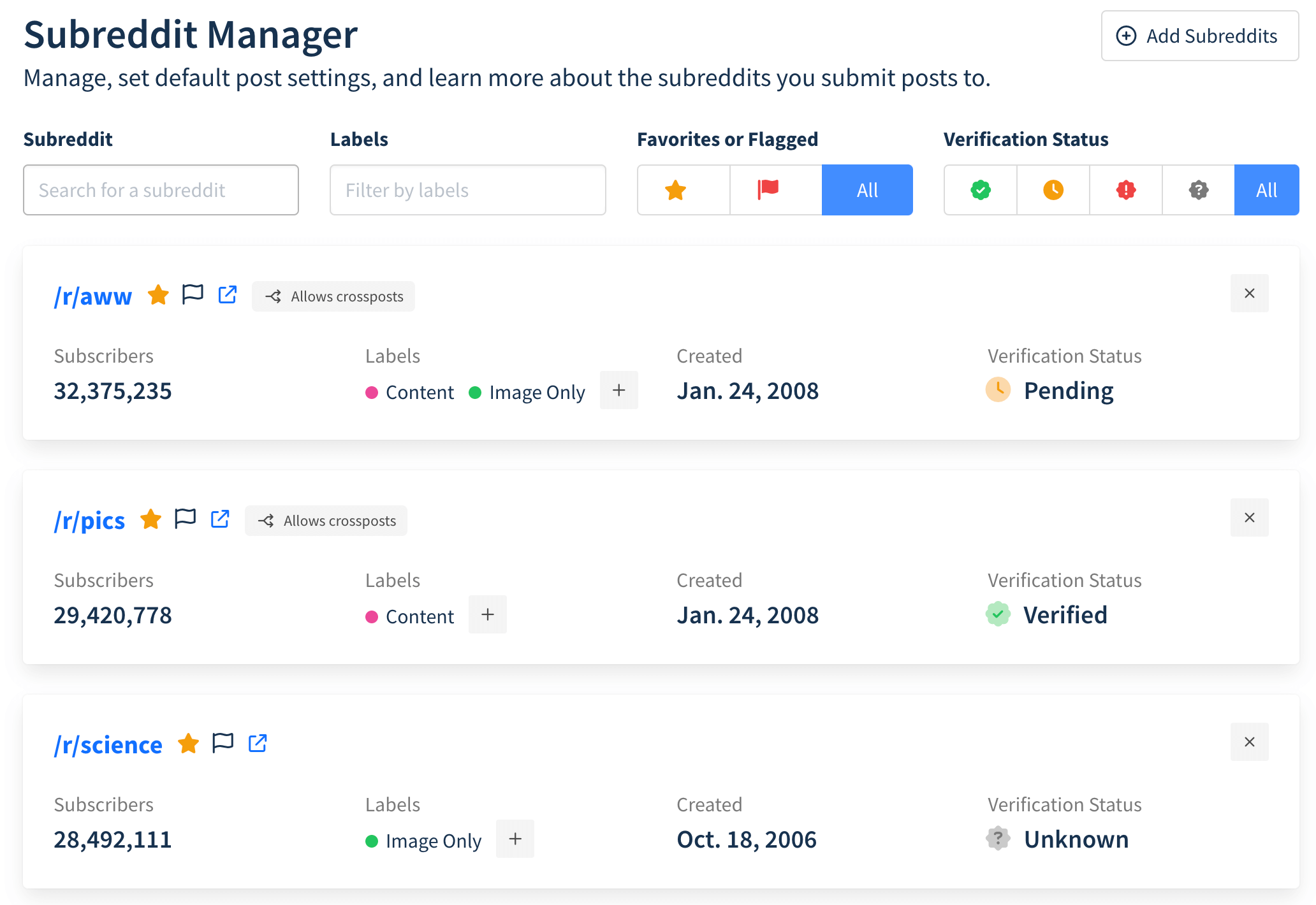 Manage multiple subreddits.