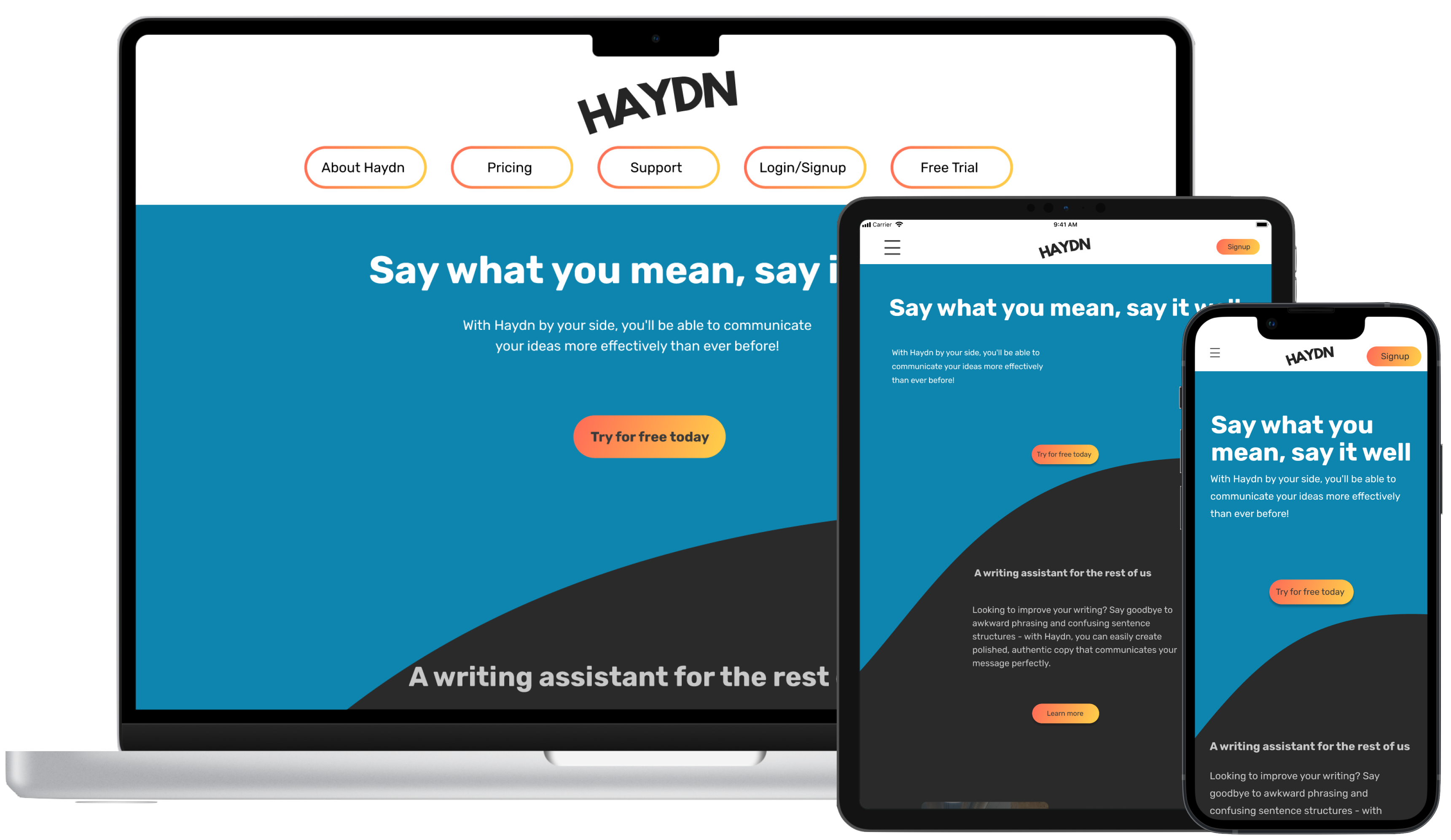 The finalized landing page of Haydn AI on a laptop, tablet, and phone.