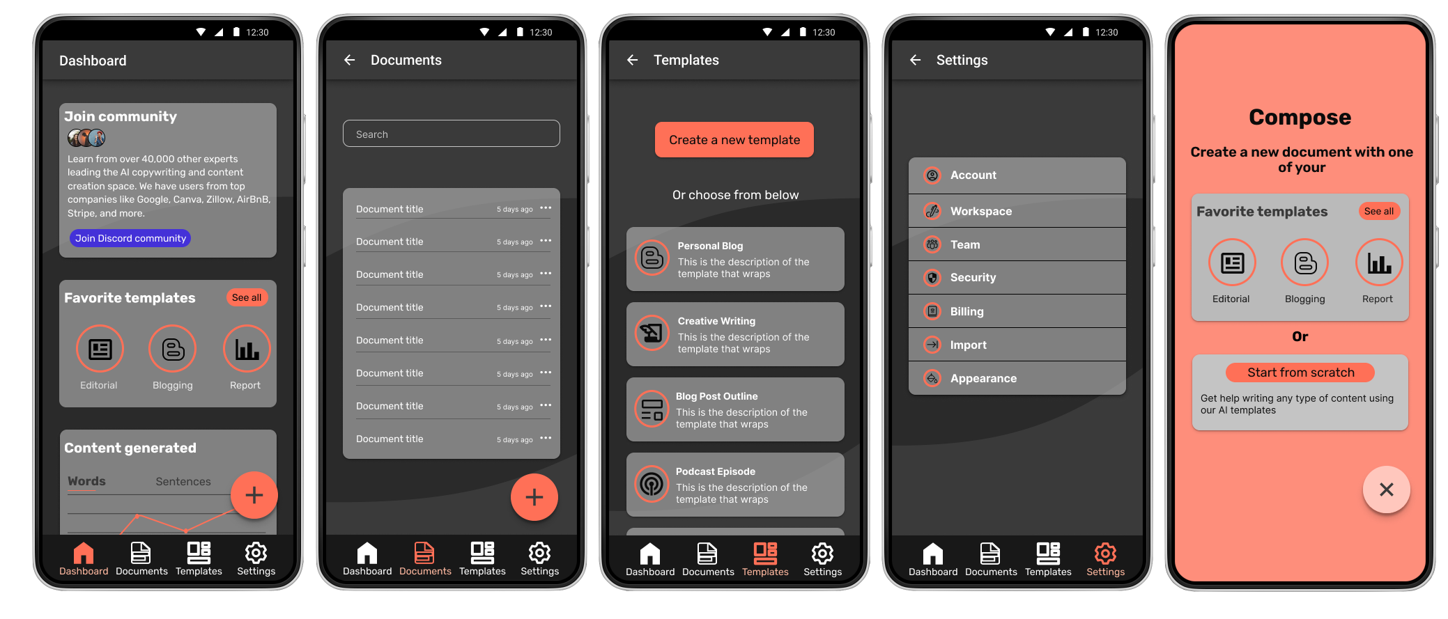 Hi-Fi android app concept screens