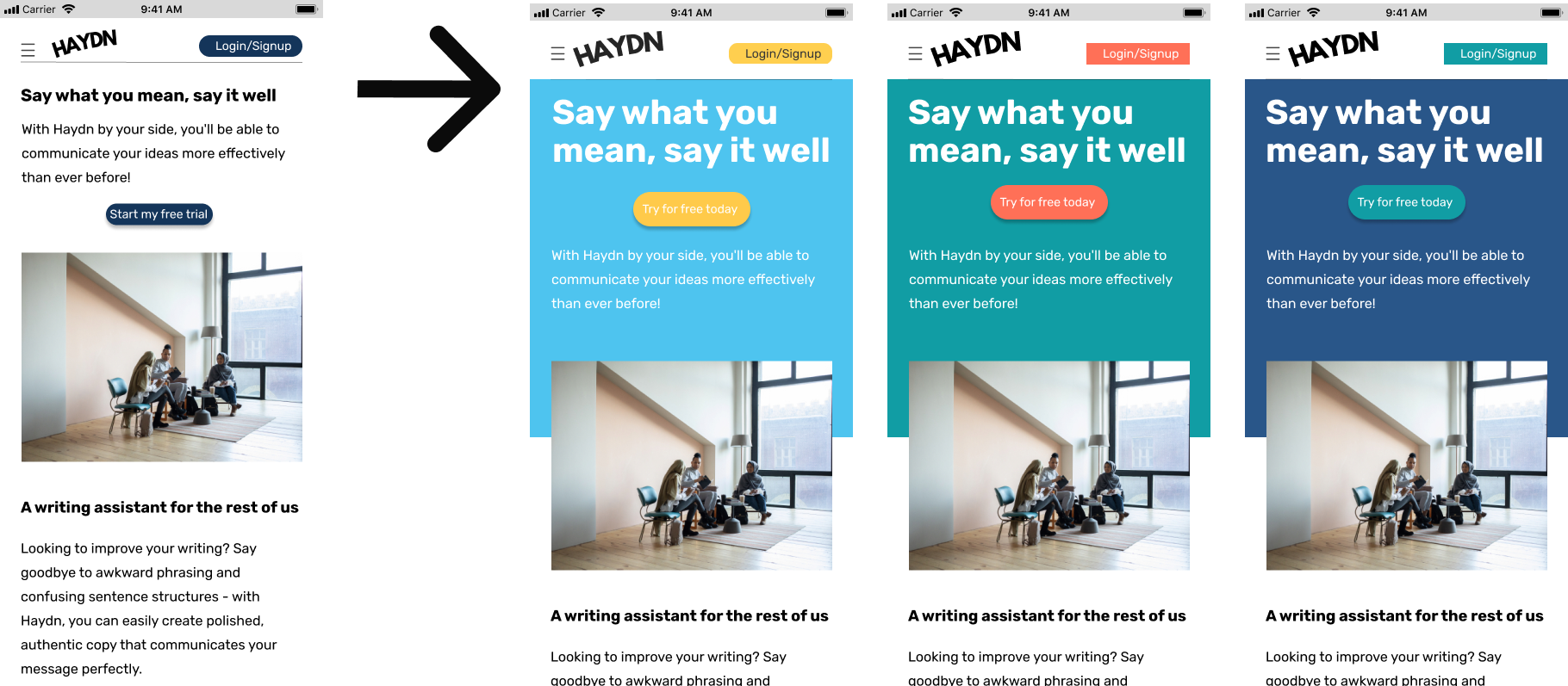 Color scheme options for hi-fi landing page concept