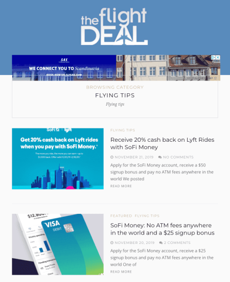 Screenshot of the flight deal blog