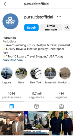 Screenshot of an Instagram profile of a luxury travel blog