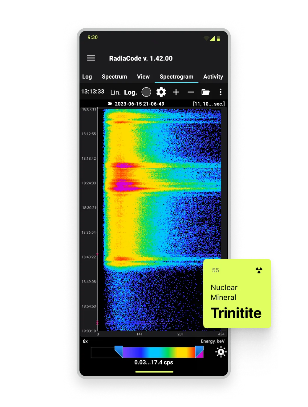 Мобільний додаток Екран спектрограми ядерного мінералу тринітиту