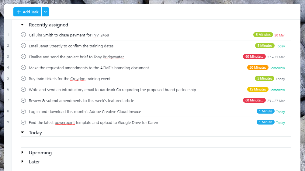 Screenshot of Asana's “My Tasks” page showing the “Recently Assigned” section and some example tasks