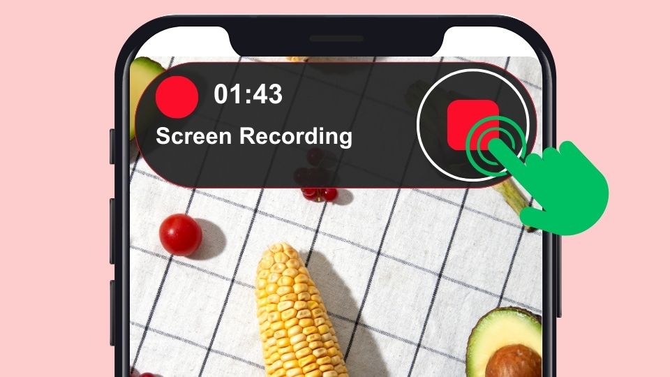 A green touch icon tapping the stop recording button on an iPhone with a picnic background.