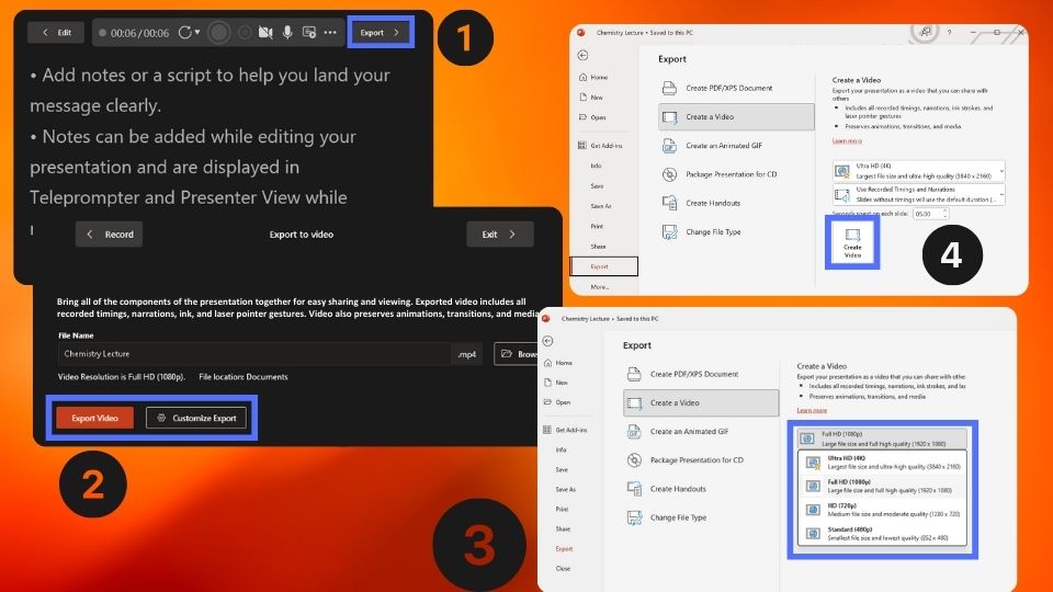 The four step process to saving a recorded PowerPoint presentation. 