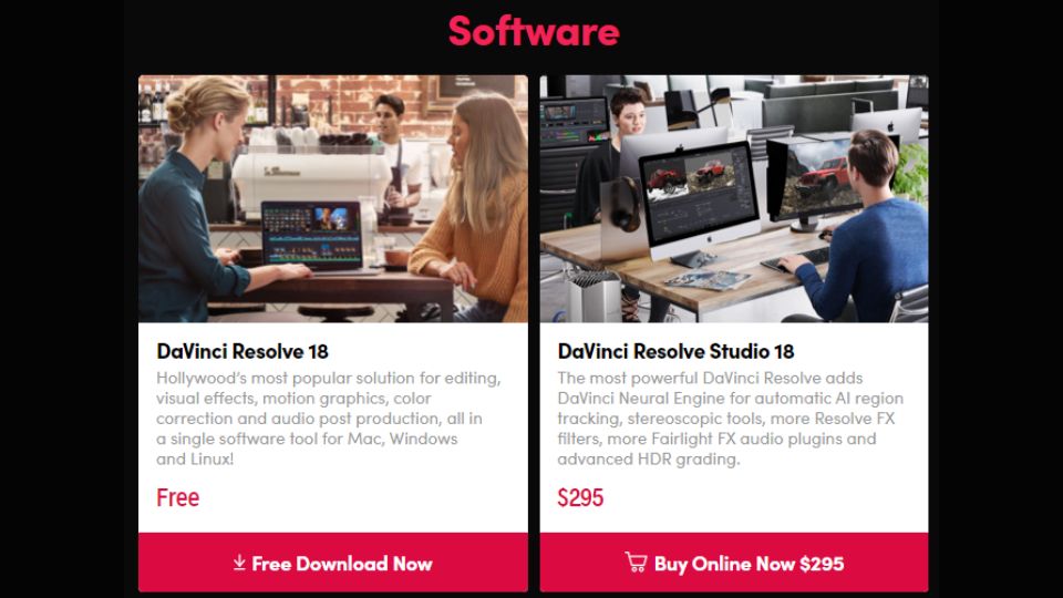 DaVinci Resolve 18's pricing options.