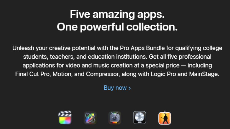 Final Cut Pro X's Pro Apps Bundle with their logos and a Buy Now button.