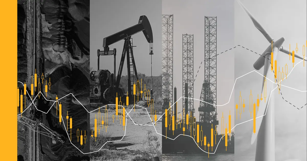 A combined image with rock excavation, oil rigs, and windmills to showcase the trajectory of climate emissions and management