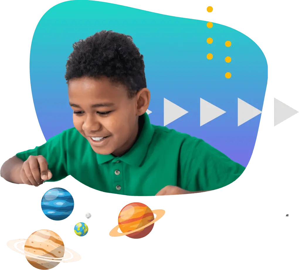 Young boy reaching out and grabbing planets