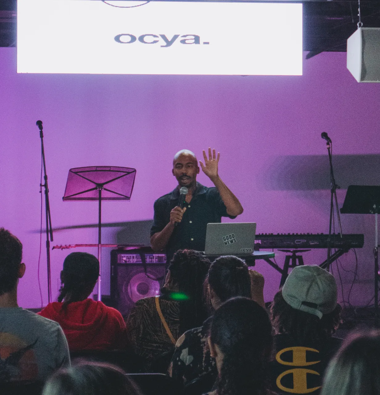 Andrew Hill, a pastor and leader of the young adult community, speaking at Oakland church in Rochester, Michigan 