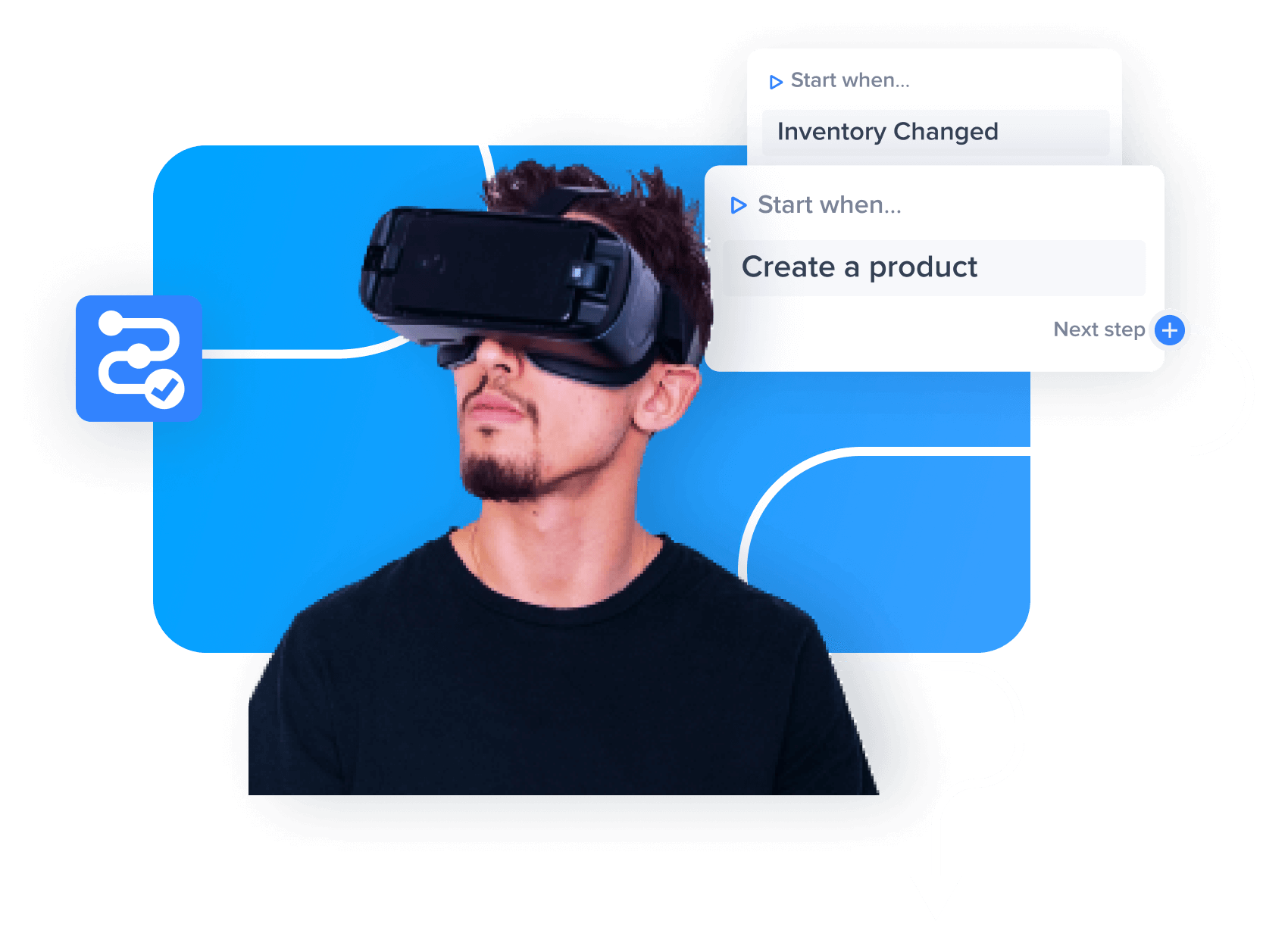 A man using a VR to work on inventory management and product information creation