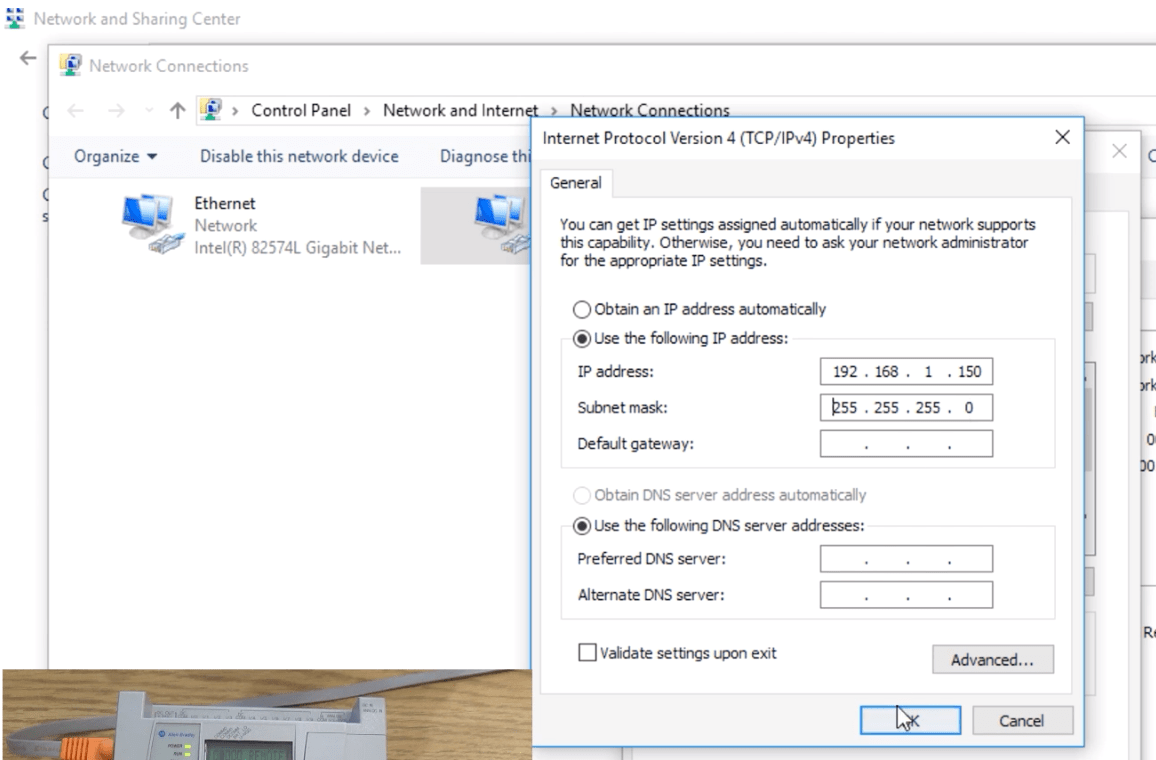 Setting IP address of PLC PC Network Card