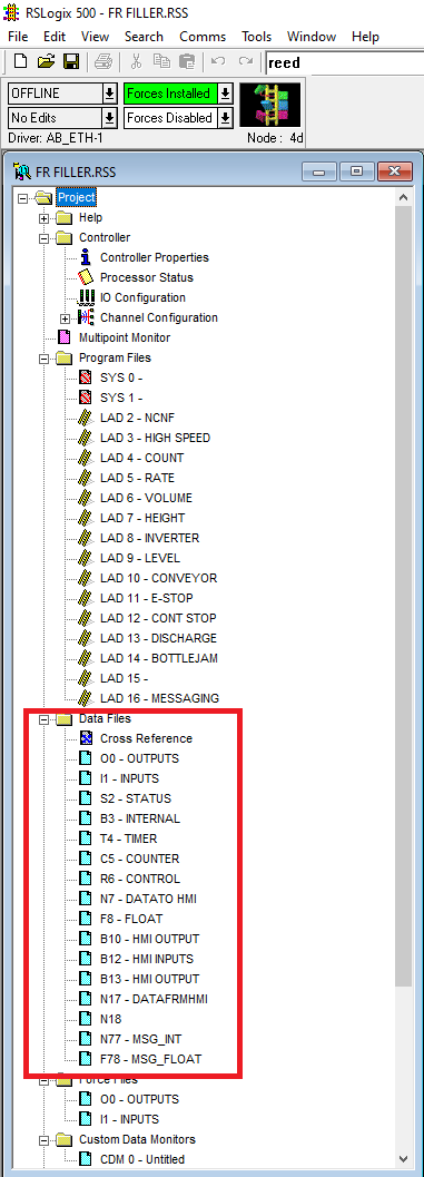 RSLogix 500 - data structures in the IO tree under the section called "Data Files"