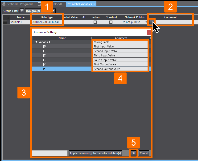 Figure 2.18 - Sysmac Studio PLC Programming | Entering comments for elements of an array variable