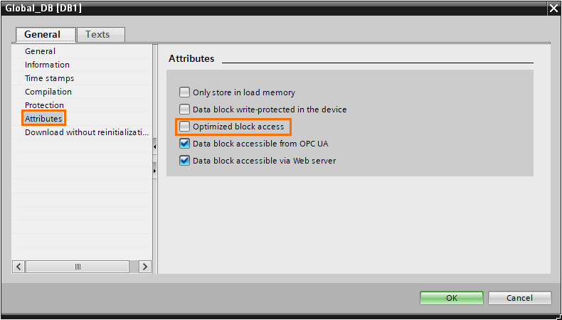 Figure 1.5 - Using Node-Red with Siemens TIA Portal PLC Programming | Disabling block optimization of the DB