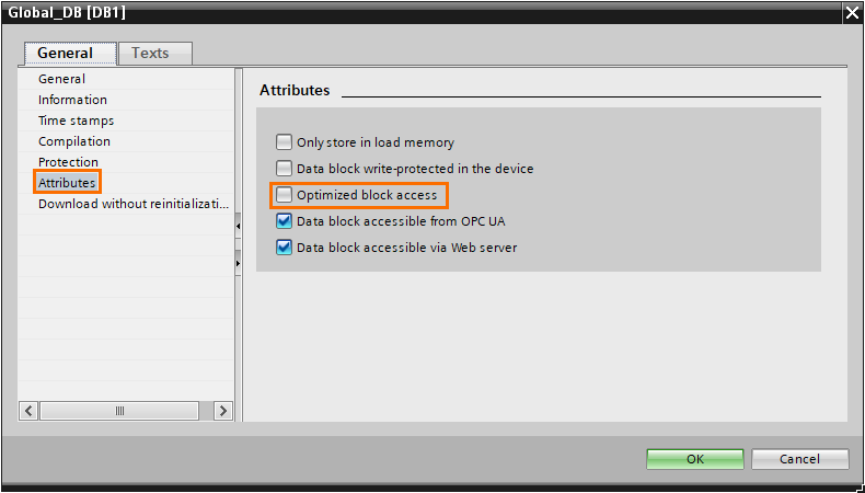 Figure 1.5 - Using Node-Red with Siemens TIA Portal PLC Programming | Disabling block optimization of the DB