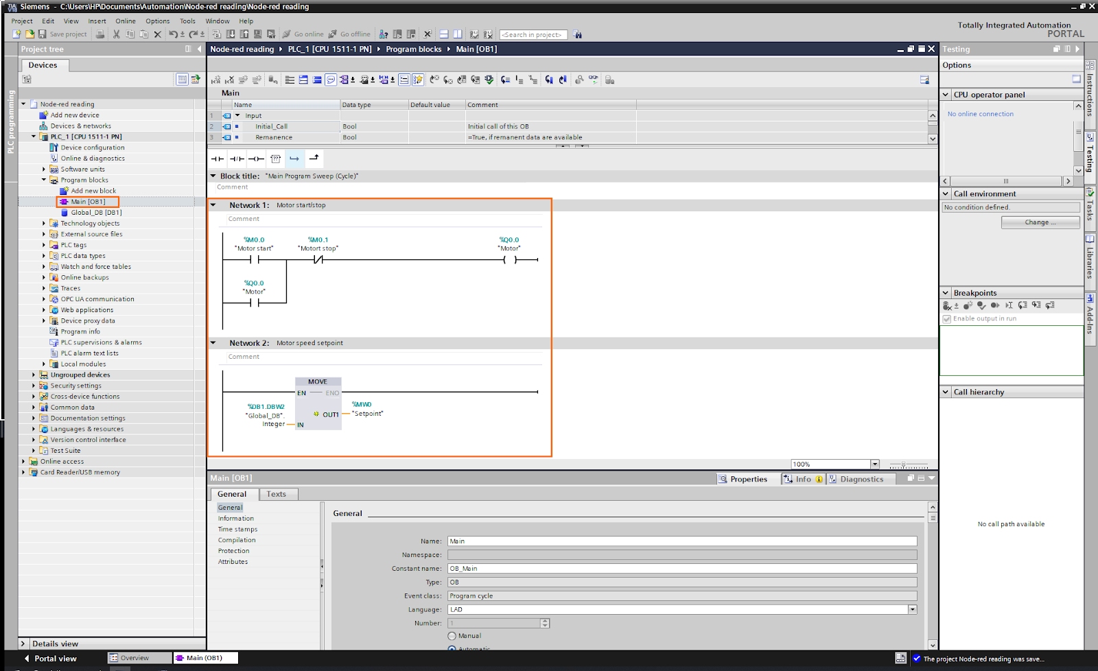 Figure 1.3 - Using Node-Red with Siemens TIA Portal PLC Programming | Main program