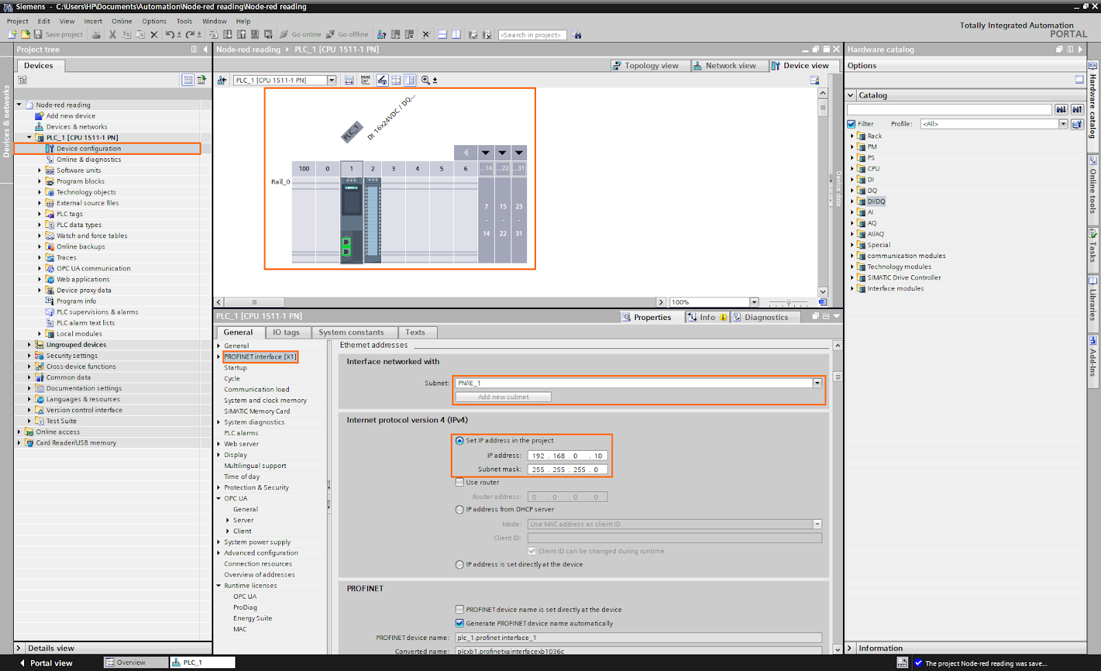 Figure 1.1 - Using Node-Red with Siemens TIA Portal PLC Programming | TIA Portal hardware configuration