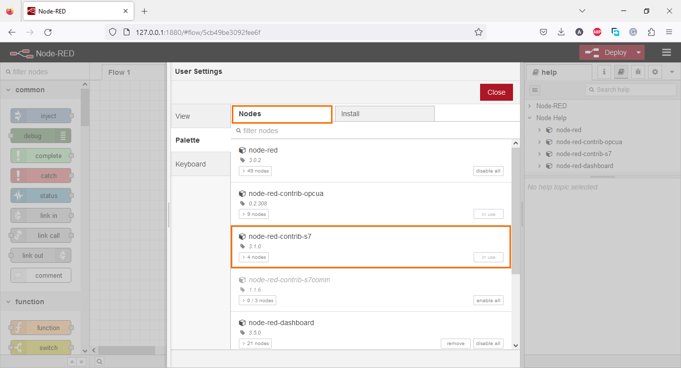 Figure 2.3 - Using Node-Red with Siemens TIA Portal PLC Programming | Installed palettes
