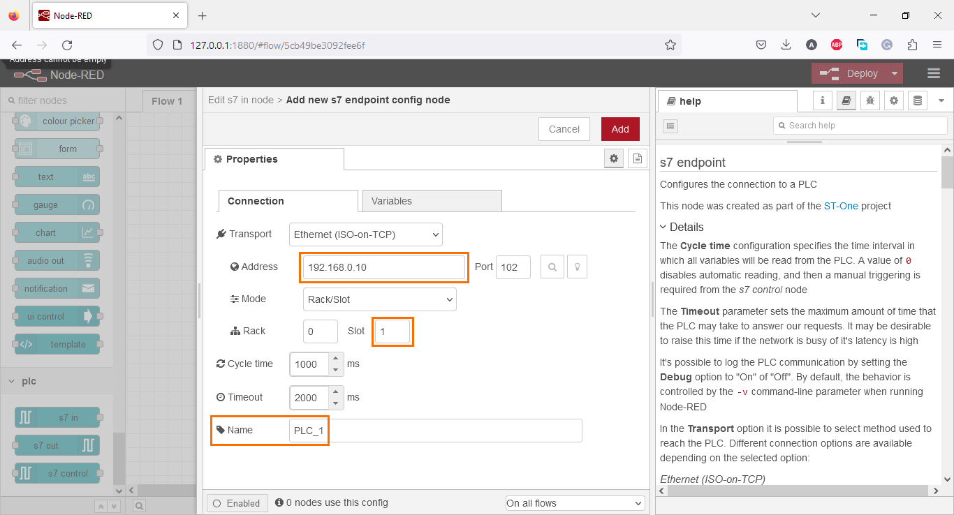 Figure 2.9 - Using Node-Red with Siemens TIA Portal PLC Programming | Filled endpoint configuration