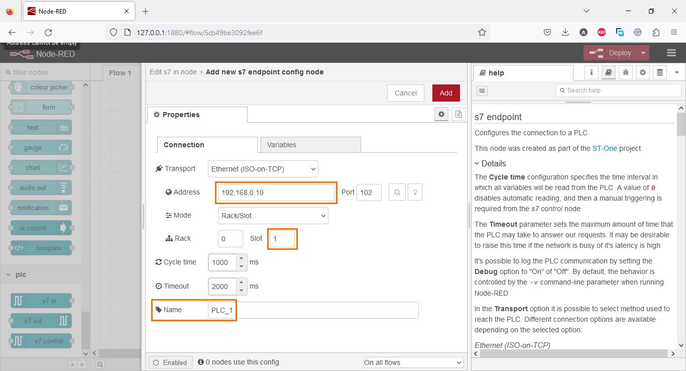 Figure 2.9 - Using Node-Red with Siemens TIA Portal PLC Programming | Filled endpoint configuration