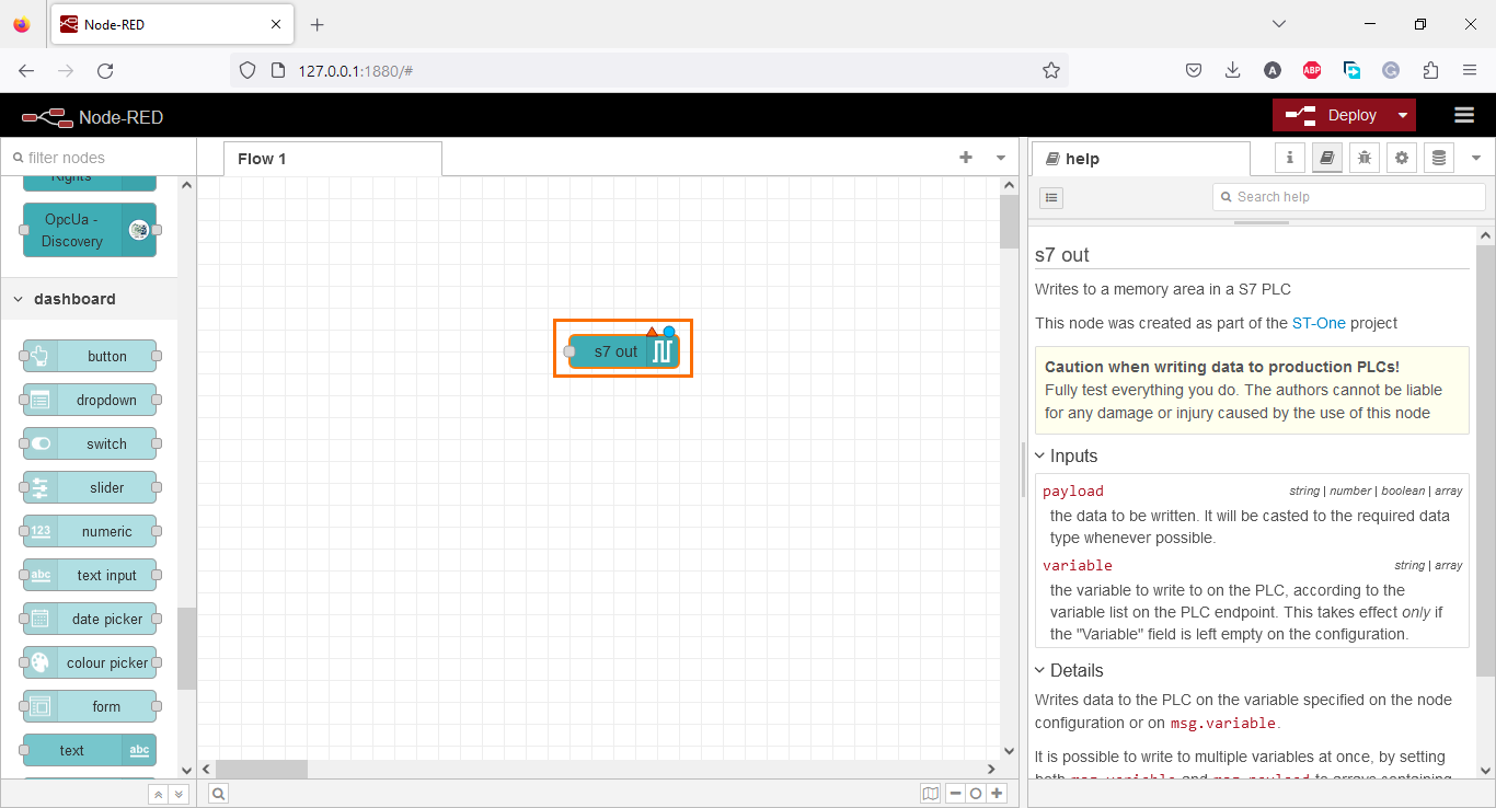 Figure 3.1 - Using Node-Red with Siemens TIA Portal PLC Programming | Dropping an s7 out node