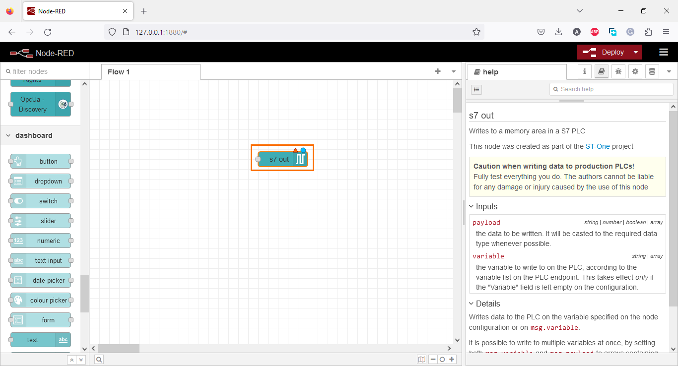 Figure 3.1 - Using Node-Red with Siemens TIA Portal PLC Programming | Dropping an s7 out node