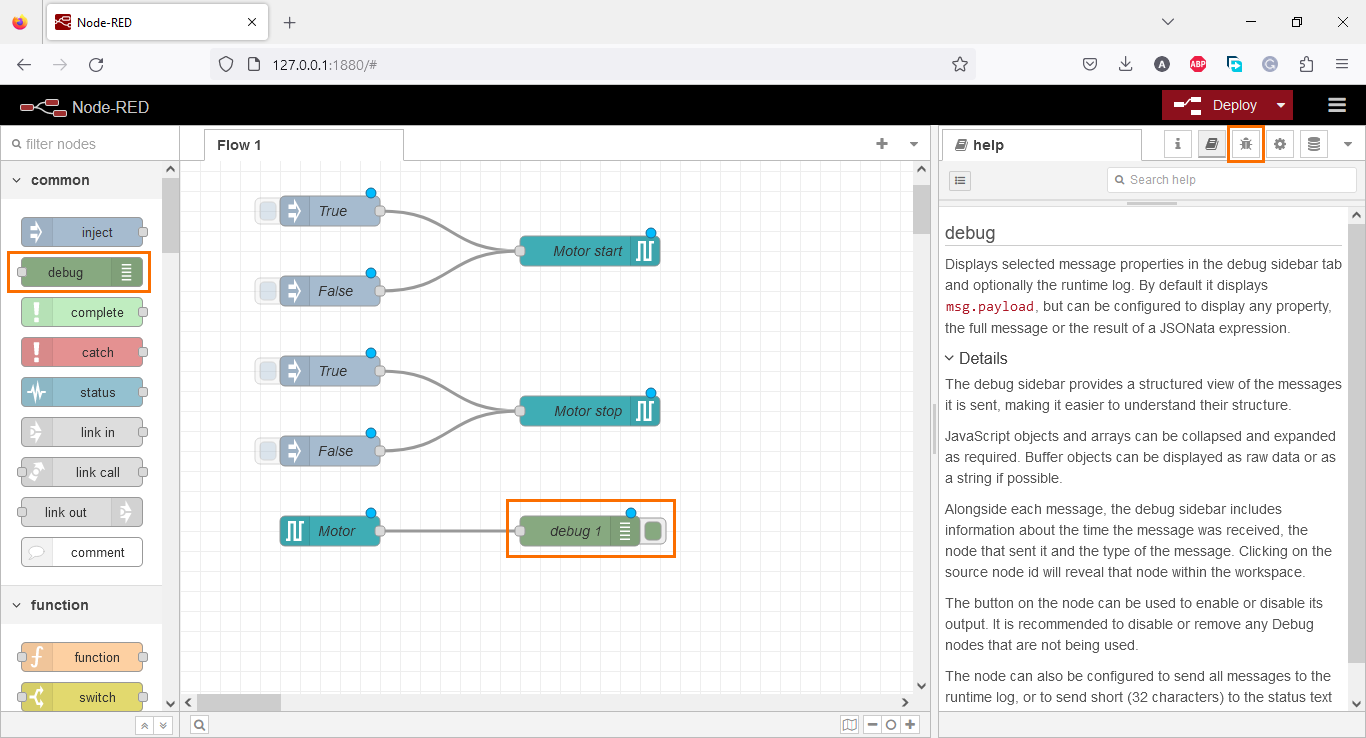 Figure 3.13 - Using Node-Red with Siemens TIA Portal PLC Programming | Adding a debug node