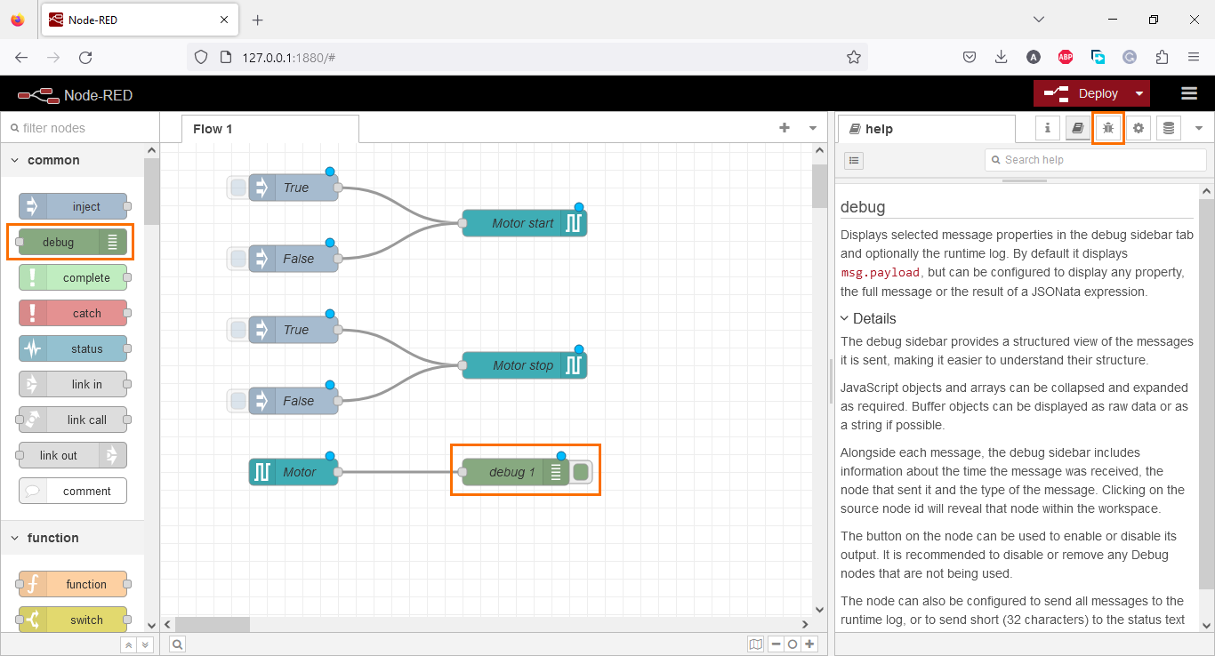 Figure 3.13 - Using Node-Red with Siemens TIA Portal PLC Programming | Adding a debug node