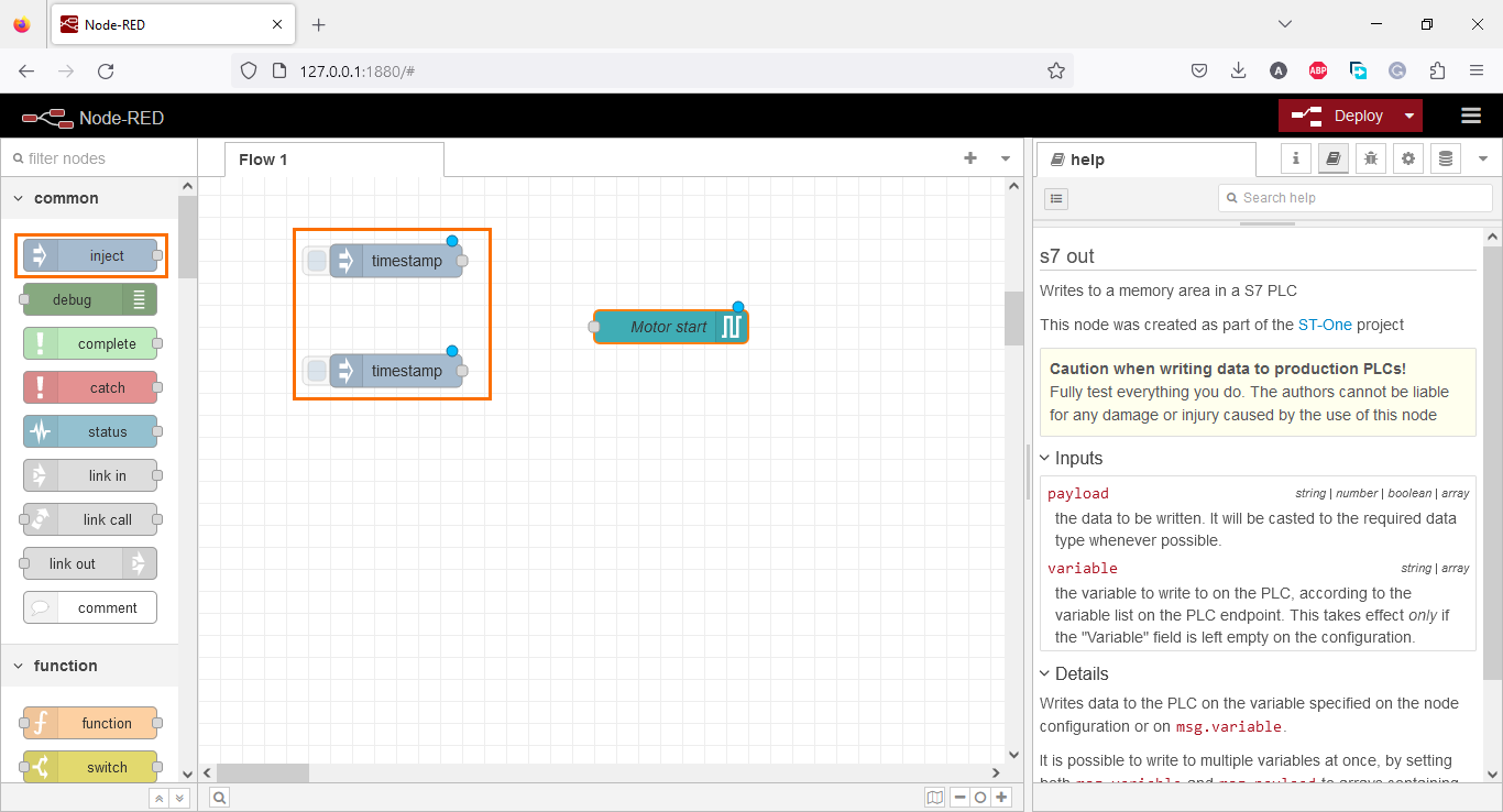 Figure 3.5 - Using Node-Red with Siemens TIA Portal PLC Programming | Adding two inject nodes