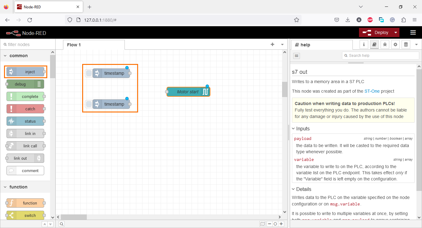 Figure 3.5 - Using Node-Red with Siemens TIA Portal PLC Programming | Adding two inject nodes