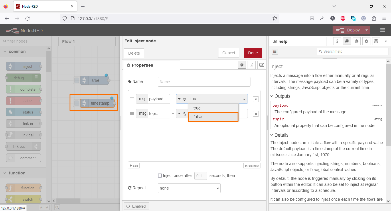 Figure 3.8 - Using Node-Red with Siemens TIA Portal PLC Programming | Selecting the “false” state for the second node