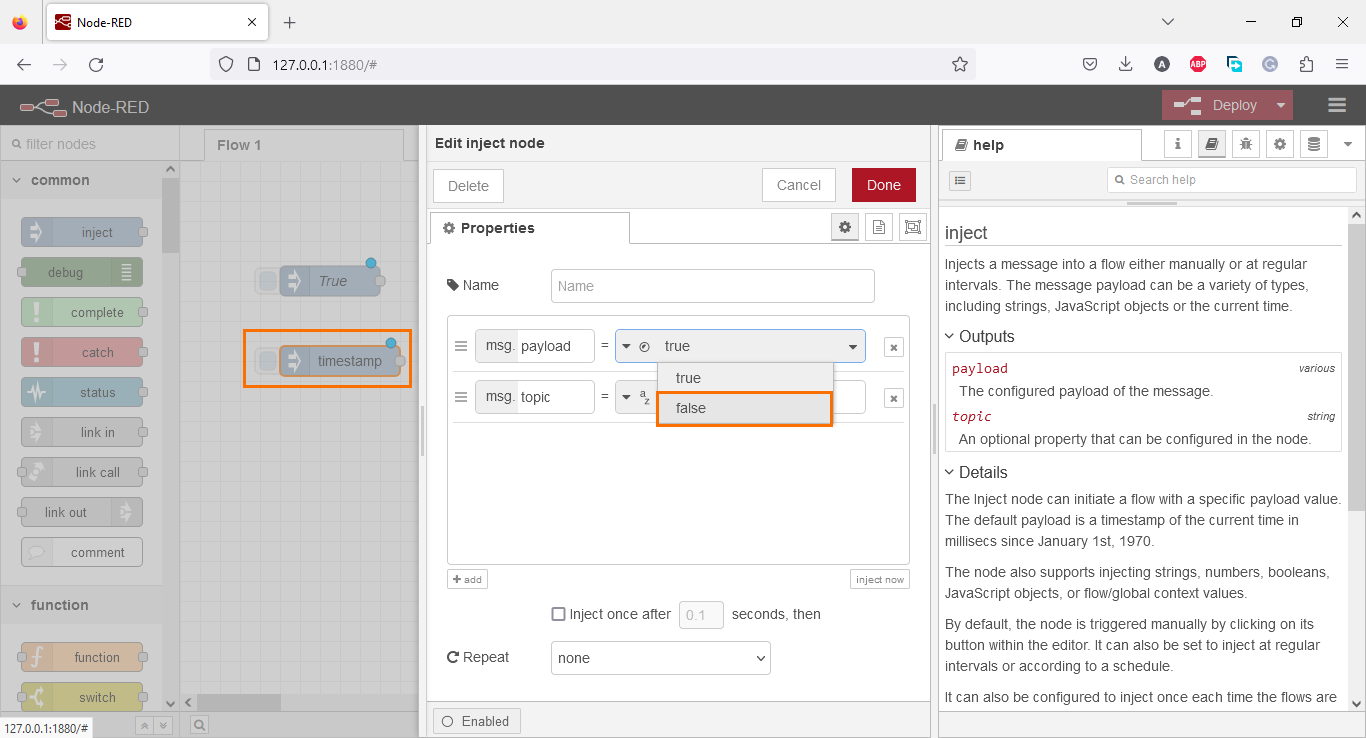 Figure 3.8 - Using Node-Red with Siemens TIA Portal PLC Programming | Selecting the “false” state for the second node